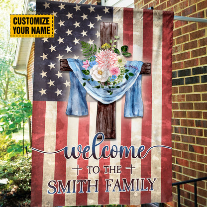 Teesdily | Jesus Cross Floral Customized Family Name Garden Flag, Welcome Home American Flag Decor
, Independence Day Home Decor, Outdoor Decor