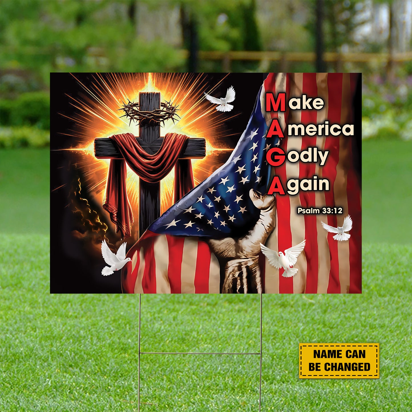 Teesdily | Customized Jesus Cross American Flag Yard Sign, Make America Godly Again Psalm 33 12 Outdoor Sign, Christian Art Lawn Sign, Garden Decor