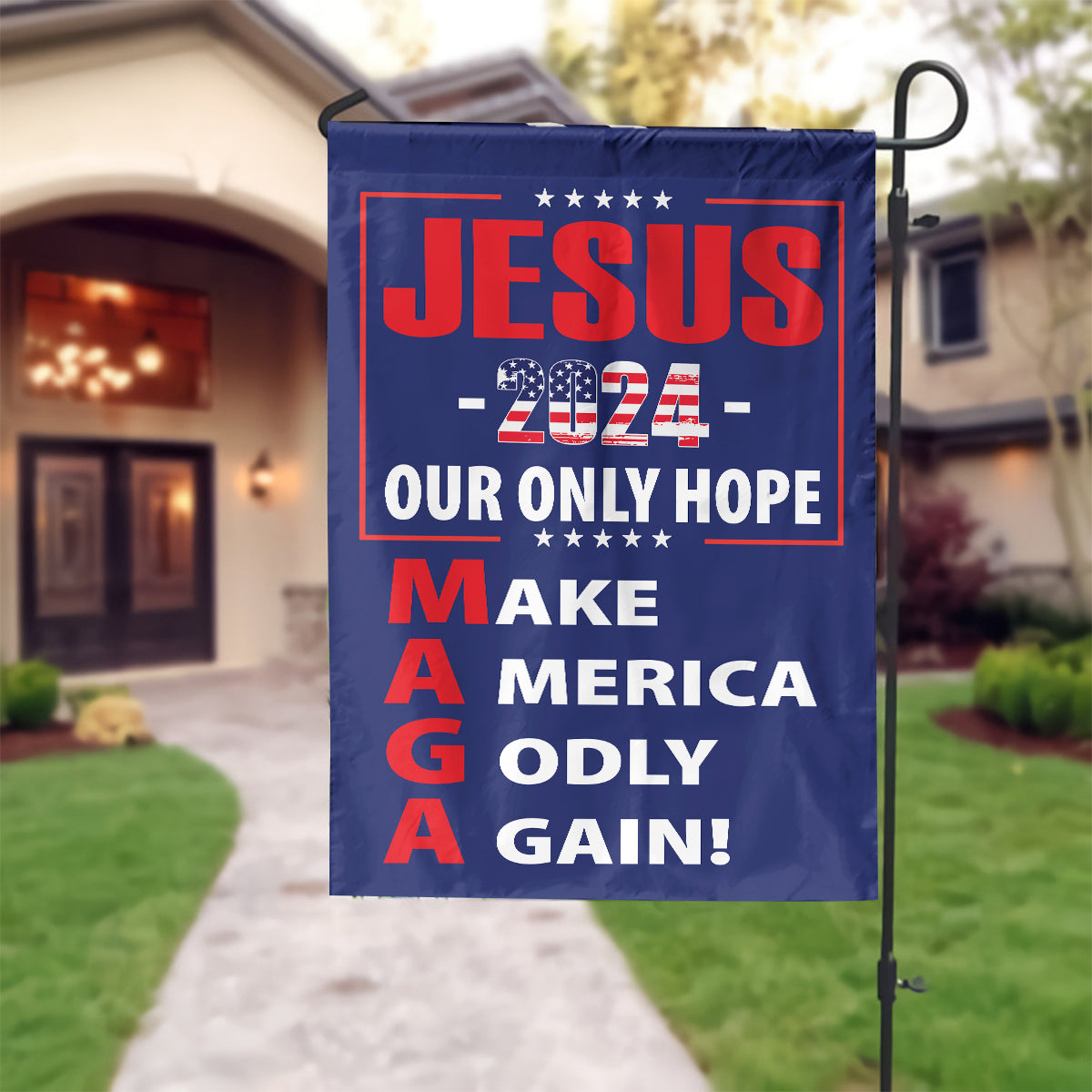 Teesdily | American Flag Jesus Christ House Flag, Jesus 2024 Our Only Hope Make America Godly Again Garden Flag, Patriotic Flag, Outdoor Decor Gifts