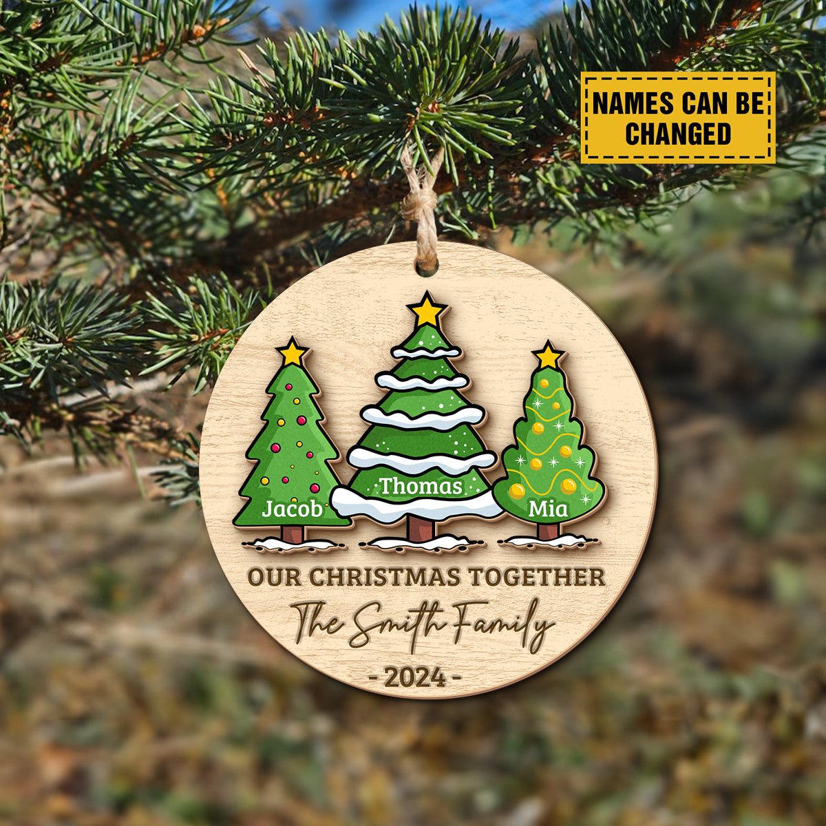 Teesdily | Personalized Christmas Family Tree Wooden Ornament, Our Christmas Together 2-Layered Wooden Ornament Christmas Gift