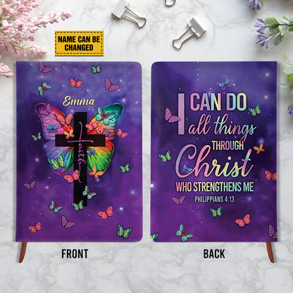 Teesdily | Customized Faith Cross Butterfly Bible Notebook I Can Do All Things Through Christ Bible Journal Jesus Lover Christian Leather Journal