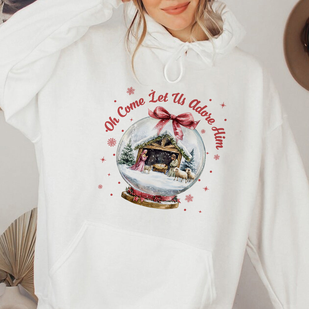 Teesdily | Nativity Scene Christmas Coquette Jesus Shirt, Oh Come Let Us Adore Him Sweatshirt Hoodie Mug, Oh Holy Night Shirt Xmas