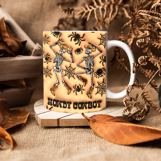 Teesdily | Dancing Skeletons Cowboy Inflated 3d Print Mug, Howdy Cowboy Skeleton Mug, Spooky Vibes Halloween Mug, Funny Halloween Gifts