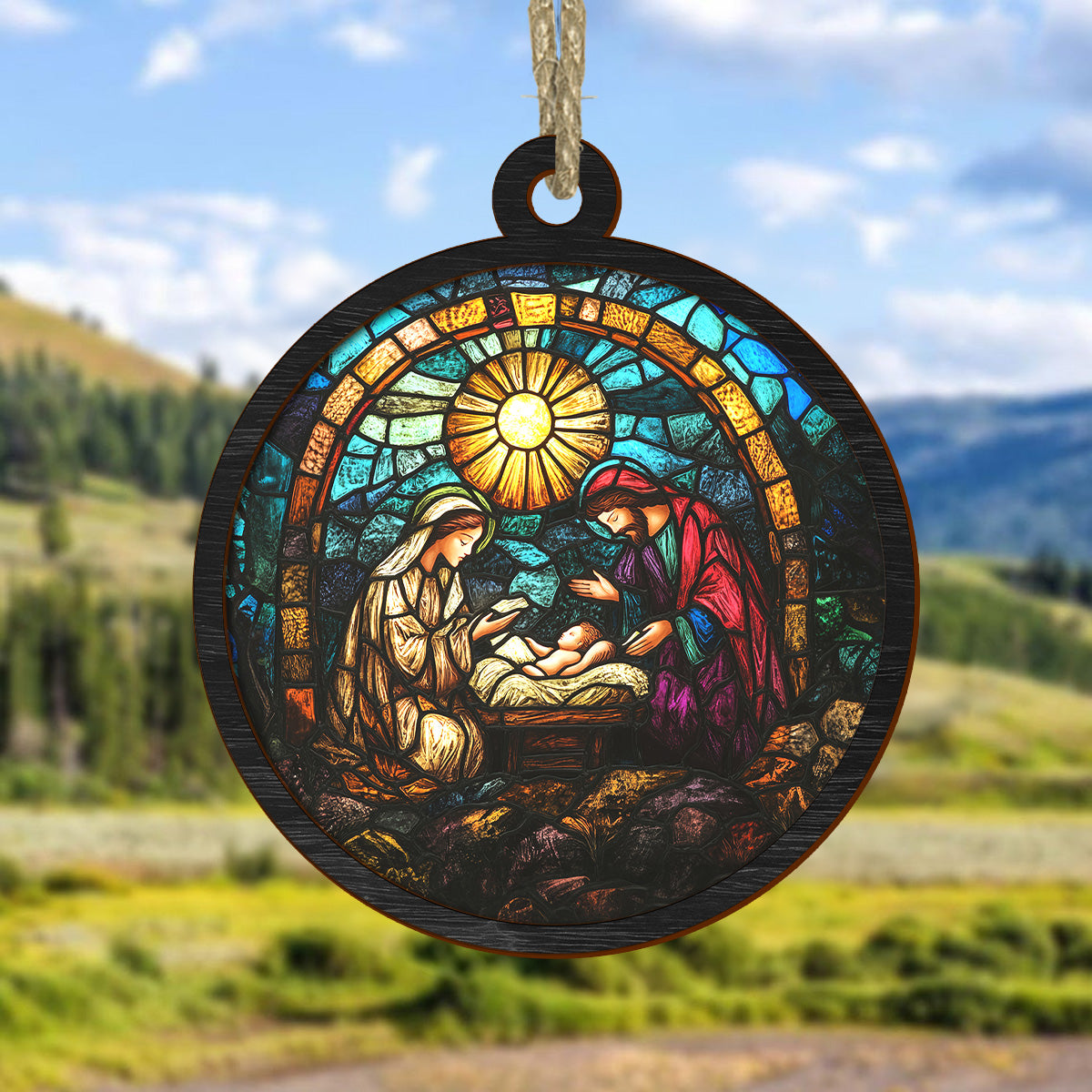 Teesdily | Jesus Baby Christmas Suncatcher Ornament, Jesus Stained Glass Ornament Suncatcher, Jesus Faith Stained Glass Window Hanging, Xmas Gift