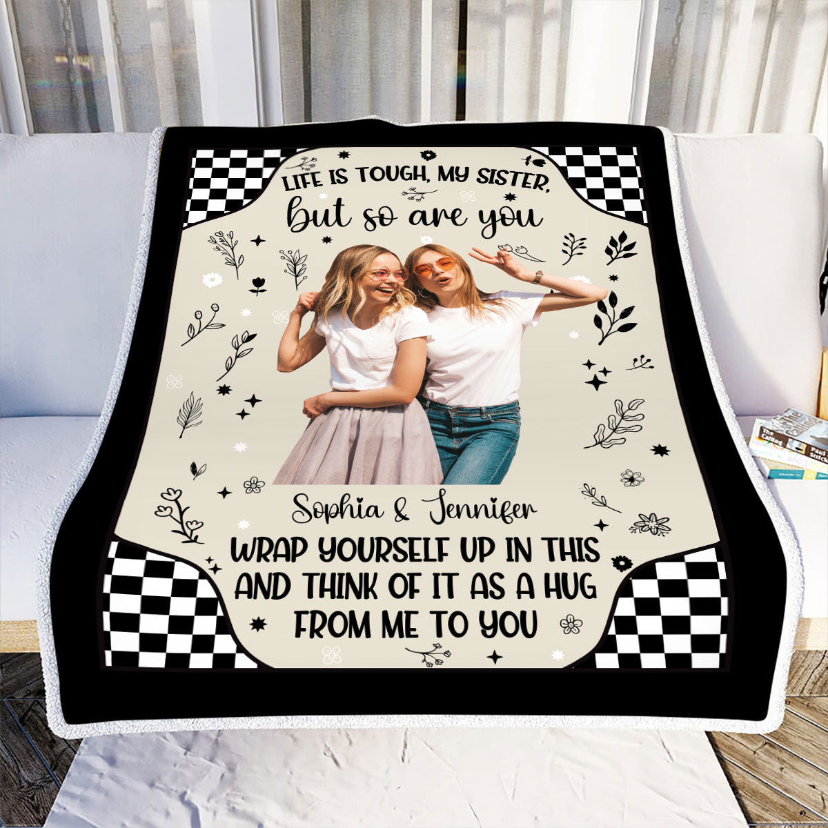 Teesdily | Sister Custom Blanket With Picture, Bestie Bff Minimalist Style Personalized Fleece, Life Is Tough Sofa Blanket, Birthday Gifts For Sisters