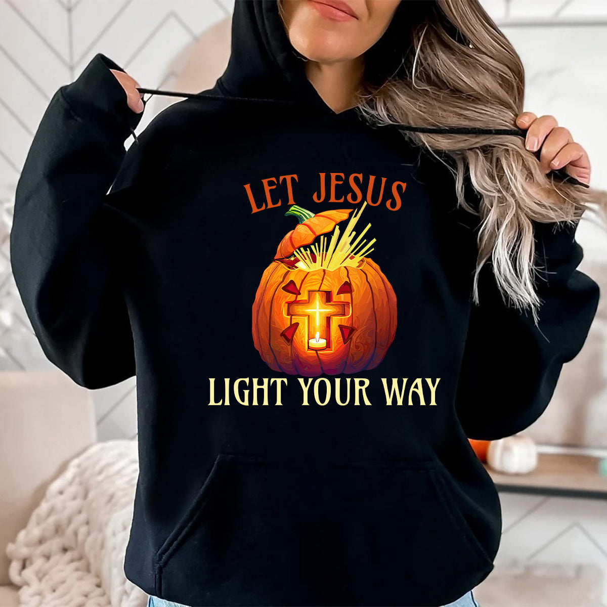 Teesdily | Jesus Pumpkin Cross Shirt, Let Jesus Light Your Way T-shirt, Jesus Light Pumpkin Sweatshirt Hoodie Mug, Happy Halloween Christian Gift