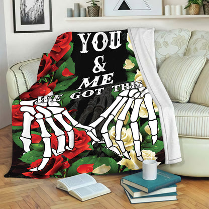 Teesdily | Skeleton Hand Rose Fleece Blanket Couple You And Me Got This Cozy Blanket Gothic Style Warm Blanket Halloween Gift For Lover