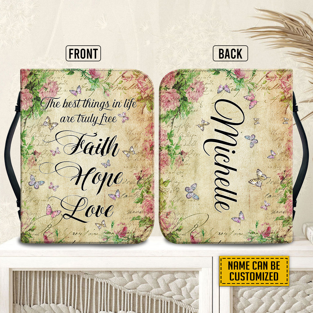 Teesdily | Faith Hope Love Personalized Bible Cover, Butterfly Floral Retro Bible Bags, Positive Bible Case With Handle, Christian Gifts For Women