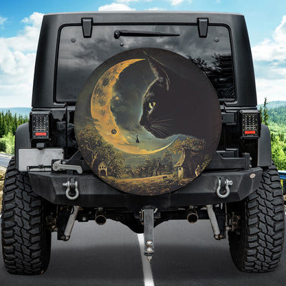 Teesdily | Black Cat Halloween Car Spare Tire Cover, Cat And Witch Moon Night Car Wheel Cover, Cat Lover Gift, Happy Halloween Decoration