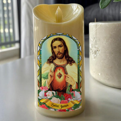 Teesdily | Customized Jesus Scared Heart Led Candle, Saint Gift Christmas Flameless Candle Xmas Gift, Jesus Christian Lover Gift