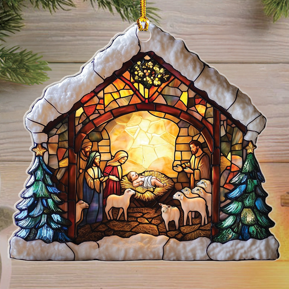 Teesdily | Nativity Scene Acrylic Ornament , Nativity Jesus Snowy House Christmas Ornament, Religious Jesus Lover Gift