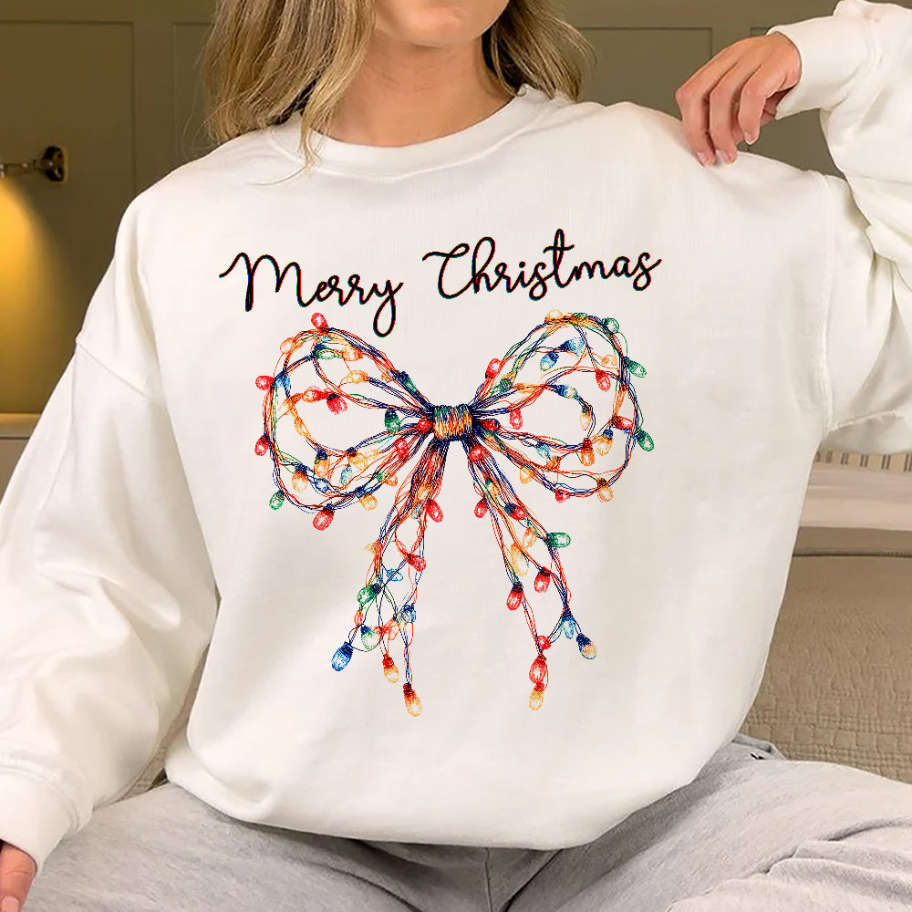 Teesdily | Merry Christmas Bow Light Shirt, Christmas Coquette Bow Sweatshirt, Merry And Bright Lights Bow Hoodie Mug For Women