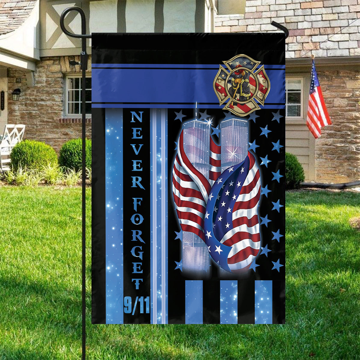 Teesdily | 911 Never Forget Firefighter House Flag, America September 11th Garden Flag, 911 Remembrance Day Home Outdoor Decor, Patriot Gifts