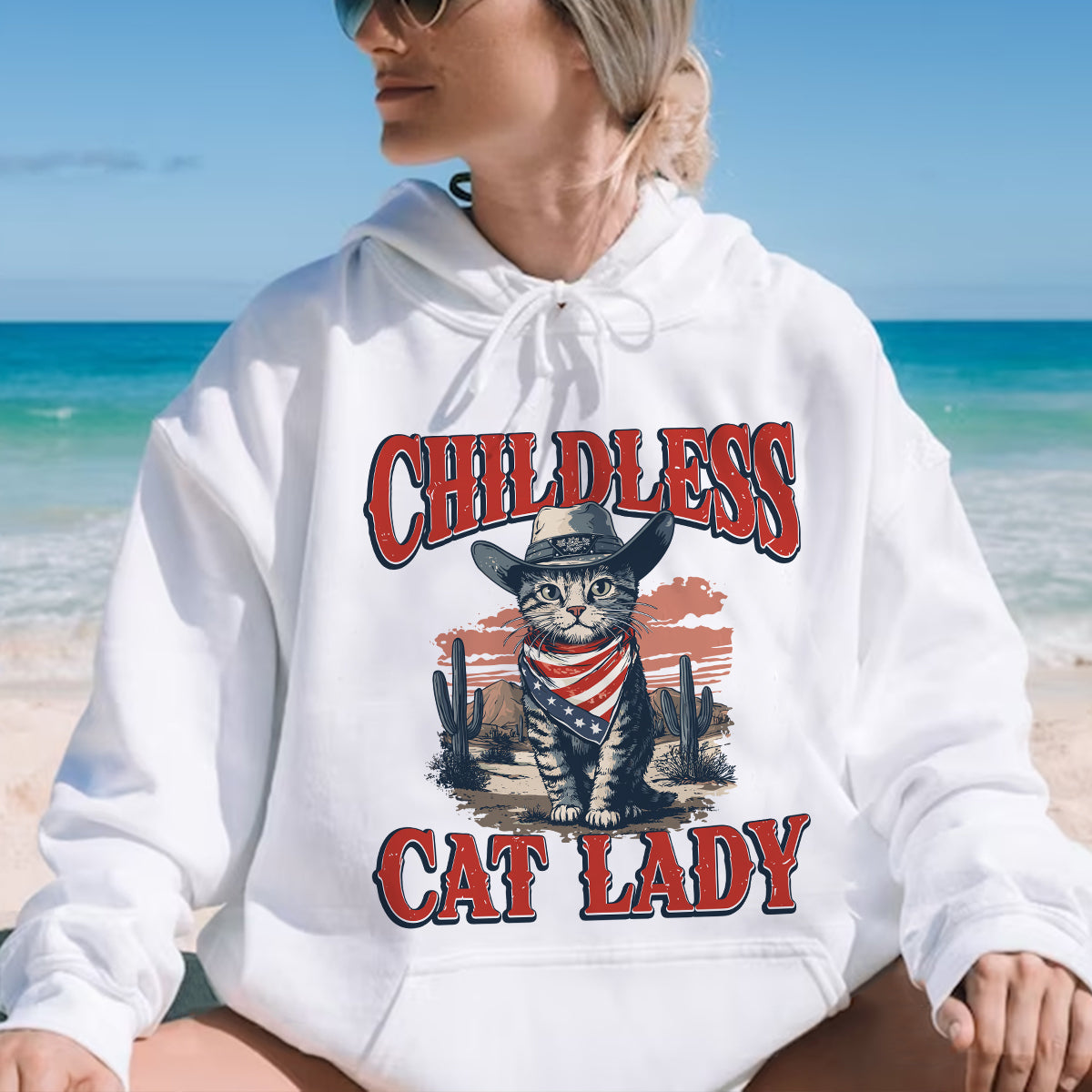 Teesdily | Childless Cat Lady Shirt, Childless Cat Lady For Comma La Sweatshirt Hoodie Mug, Vintage Cat Cowboy T-shirt, Kama-laa Tee, Patriot Gift