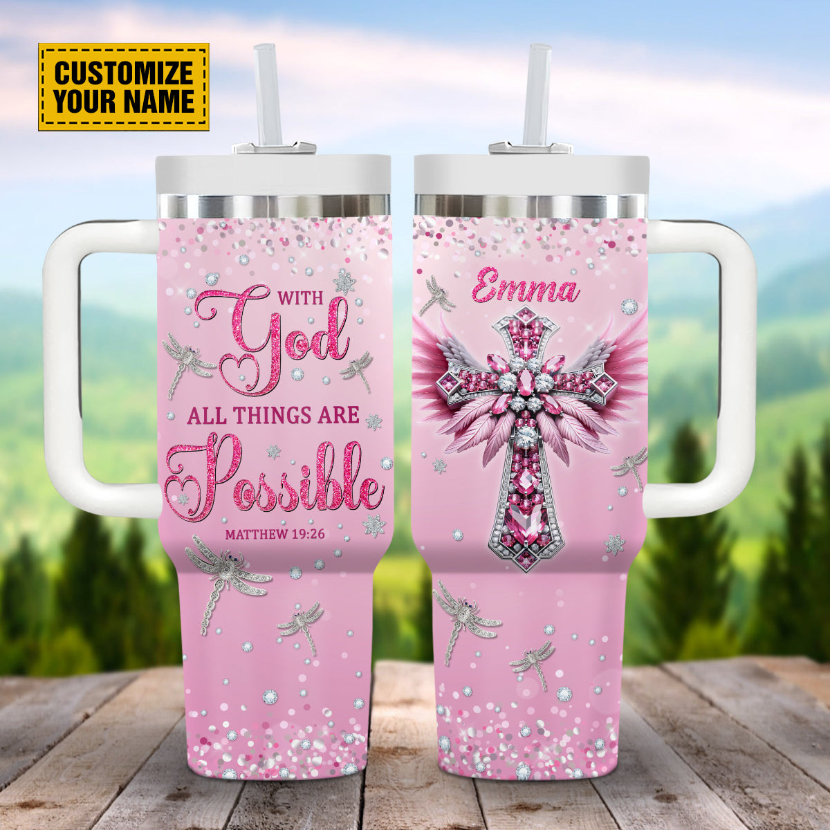 Teesdily | Personalized Jesus Cross Jewelry 40oz Tumbler With Lid And Straw, With God All Things Are Possible Insulated Cup, Spiritual Gifts For Girl