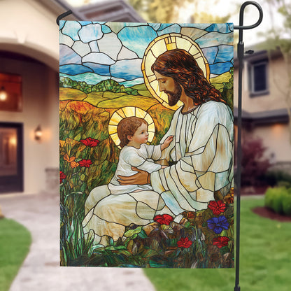 Teesdily | Jesus Blessing The Children Garden Flag, God With Children Flower Stained Glass Printed Flag Yard, Christmas House Flag