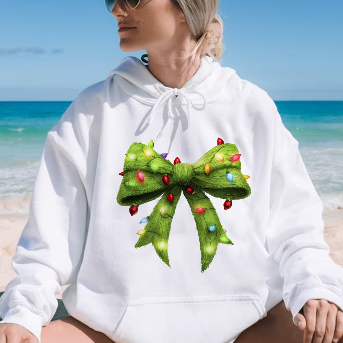 Teesdily | Green Christmas Coquette Bow Shirt, Green Fur Bow Christmas Sweatshirt, Christmas Light Bow Hoodie, Retro Christmas Gift