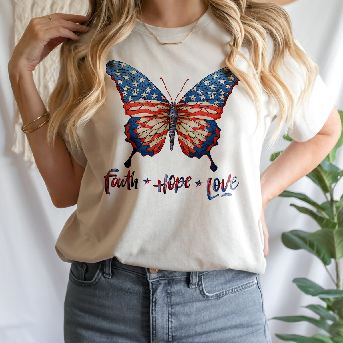 Teesdily | Jesus Butterfly American Flag Shirt, Faith Hope Love US Pride Patriotic T-shirt, Independence Day Sweatshirt Hoodie, Butterfly Lover Gifts