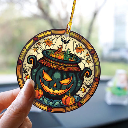 Teesdily | Halloween Witch Car Hanger Ornament, Pot Of Poison Pumpkin Car Pendant Hanging, Halloween Ornament Decor, Happy Halloween Gift