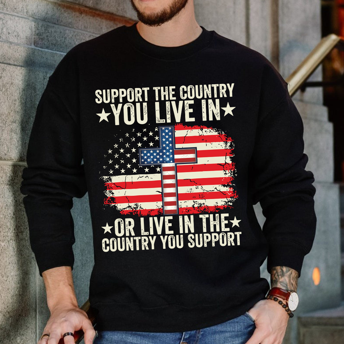 Teesdily | American Flag Jesus Cross Shirt, Support The Country You Live Tee Sweatshirt Hoodie Mug, Jesus Lovers Gifts, Patriotism Shirt