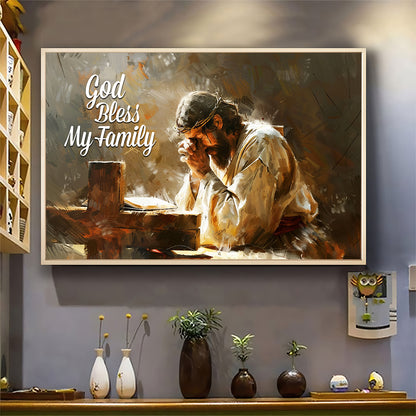 Teesdily | Jesus Cross Poster, God Bless My Family Poster, He Is Risen Canvas, Christian Gift, Gift For Jesus Lovers, Religious Poster Canvas