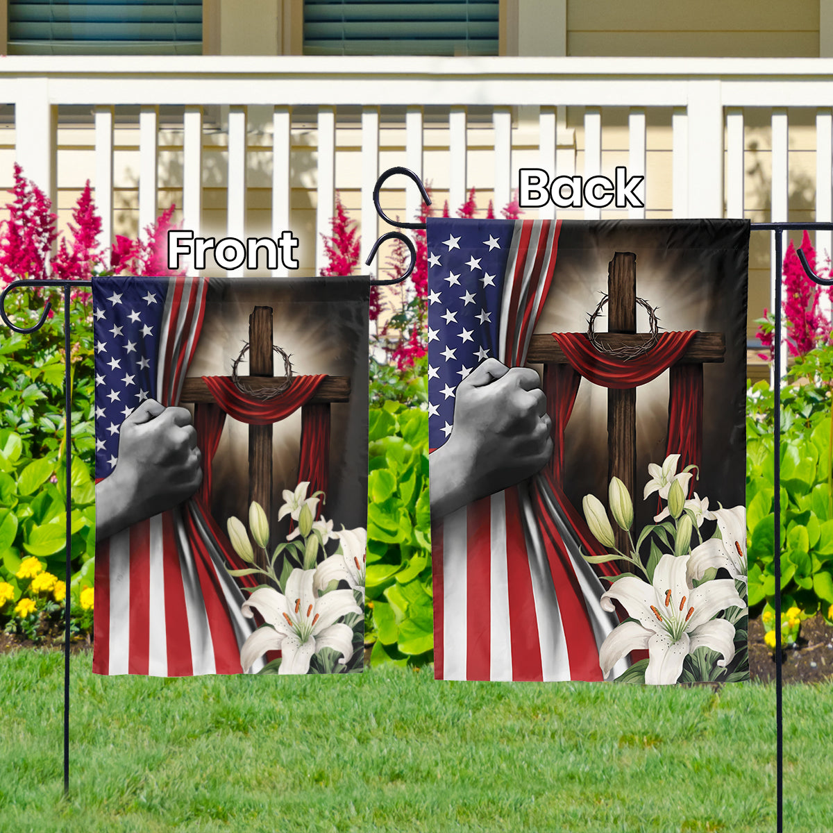 Teesdily | Jesus Cross Hand Pull American Flag, Christ Cross Lily Garden Flag, Christian Home Outdoor Decoration, God Believer House Flag Decor