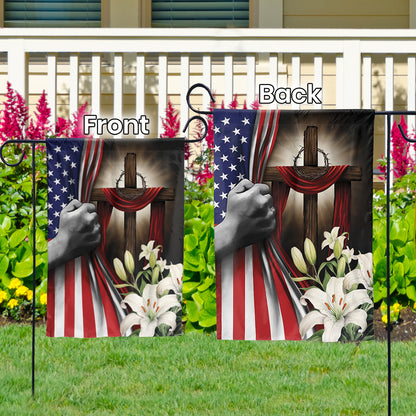 Teesdily | Jesus Cross Hand Pull American Flag, Christ Cross Lily Garden Flag, Christian Home Outdoor Decoration, God Believer House Flag Decor