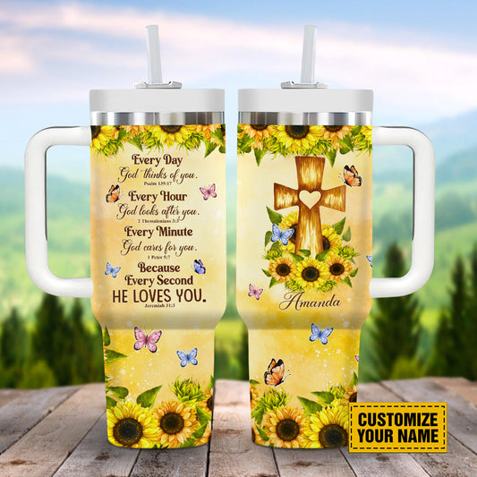 Teesdily | Jesus Cross Sunflower Customized Tumbler, Every Day God Thinks Of You Insulated Tumbler, Christian Personalized Gifts 40oz Tumbler