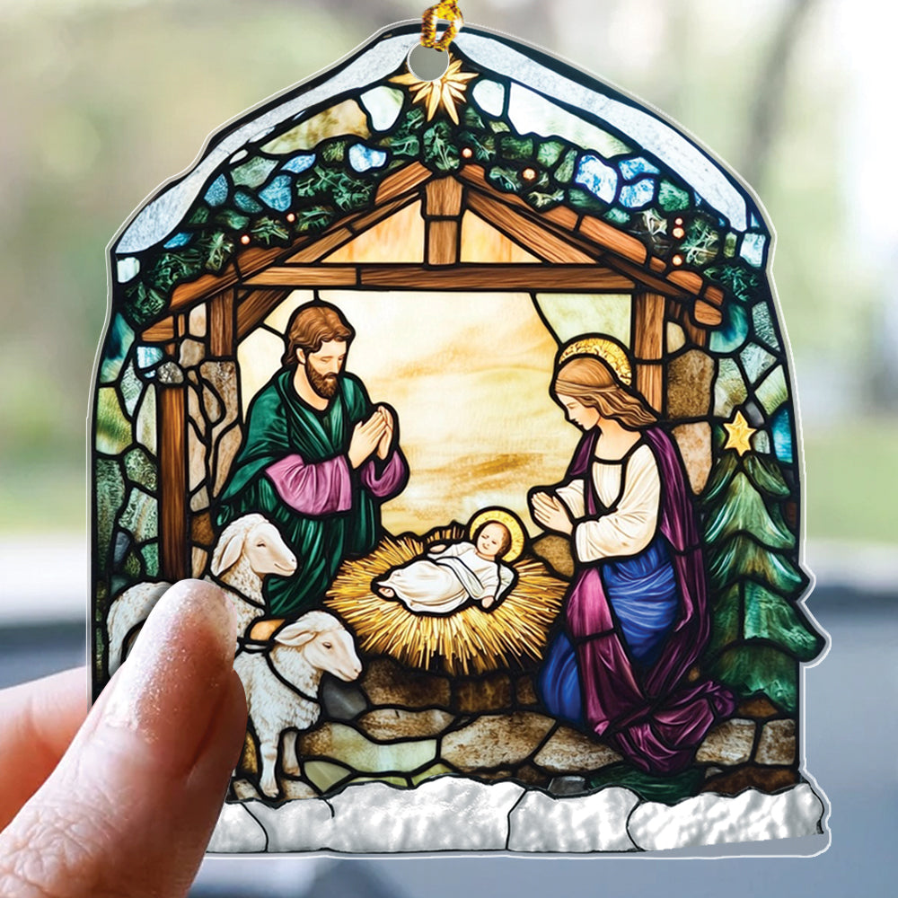 Teesdily | Nativity Scene Acrylic Ornament , Nativity Jesus Snowy House Christmas Ornament, Religious Jesus Lover Gift