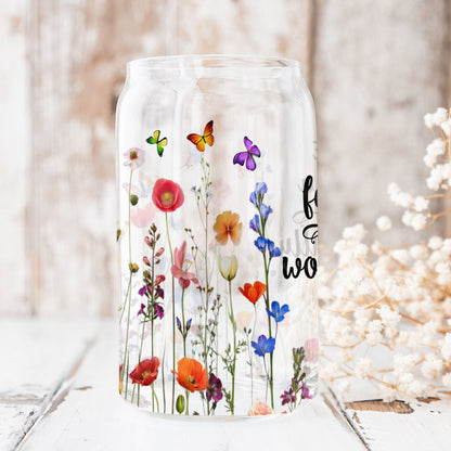 Teesdily | Wildflower Bible Verse Glass Can, You Are Fearfully And Wonderfully Made Frosted Can With Straw, Inspirational Gifts For Women