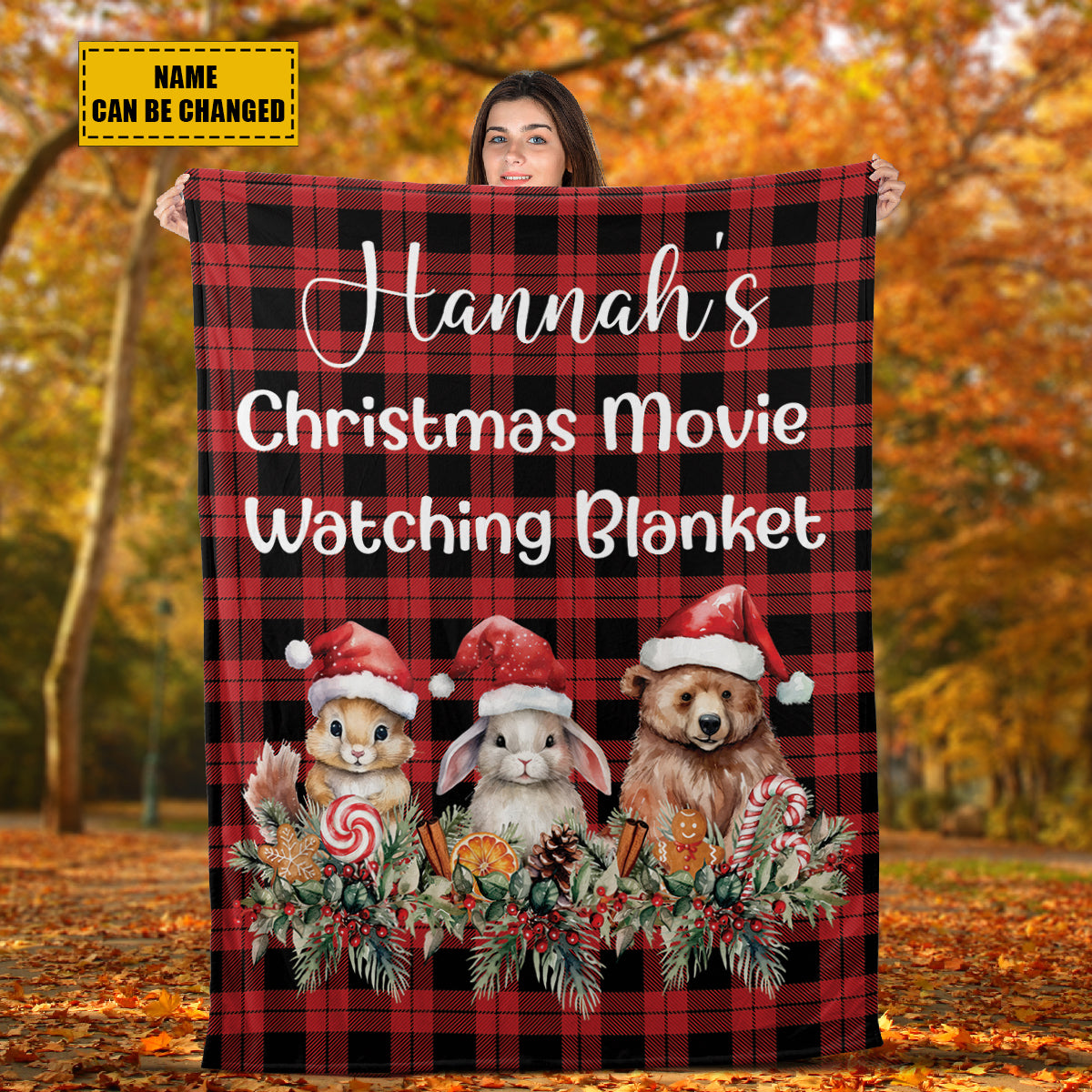 Teesdily | Christmas Woodland Personalized Cute Blanket, Christmas Movie Fleece Blanket, Xmas Plaid Sherpa Blanket, Christmas Custom Gift For Kids