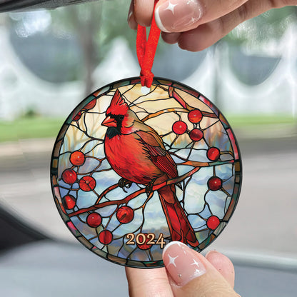 Teesdily | Christmas Cardinal Rearview Mirror Charms, Red Bird Stained Glass Print Rear View Mirror Hanging, Christmas Tree Decoration, Xmas Gifts