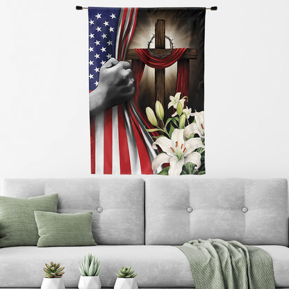 Teesdily | Jesus Cross Hand Pull American Flag, Christ Cross Lily Garden Flag, Christian Home Outdoor Decoration, God Believer House Flag Decor