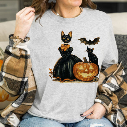 Teesdily | Cat Witch Halloween Shirt, Retro Halloween Pumpkin Sweatshirt, Black Cat Spooky Season Hoodie Mug, Cat Lover Gift