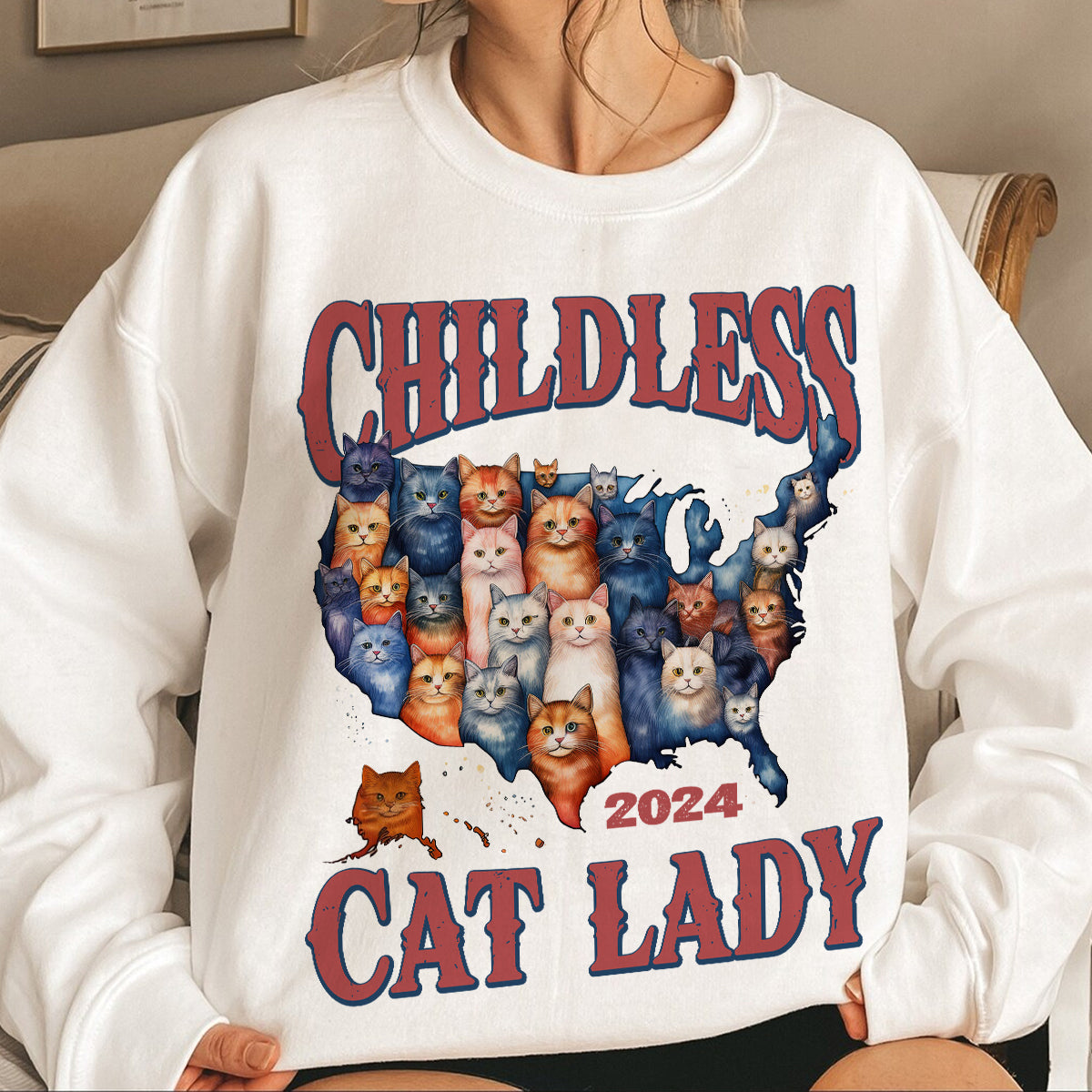 Teesdily | Childless Cat Lady 2024 Shirt, American Map Cats T-shirt, Funny Childless Cat Lady For Ka-mala Sweatshirt Hoodie Mug, Cat Lovers Gift