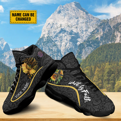 Teesdily | Sunflower Walk By Faith Personalized Basketball Shoes, I Can Do All Things Through Shoes With Thick Soles, Spiritual Gifts For Women