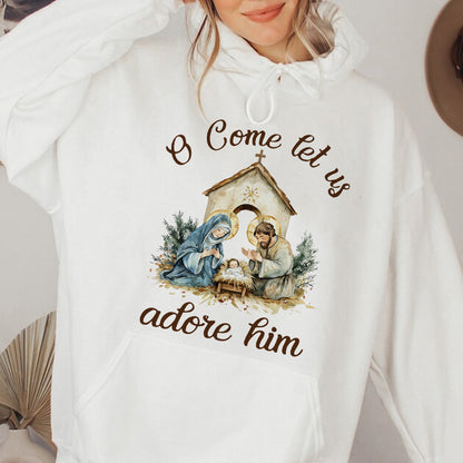 Teesdily | Nativity Scene Shirt, O Come Let Us Adore Him Shirt, Christmas Jesus Nativity Sweatshirt, Christian Birth Religious Hoodie Mug, Xmas Gift