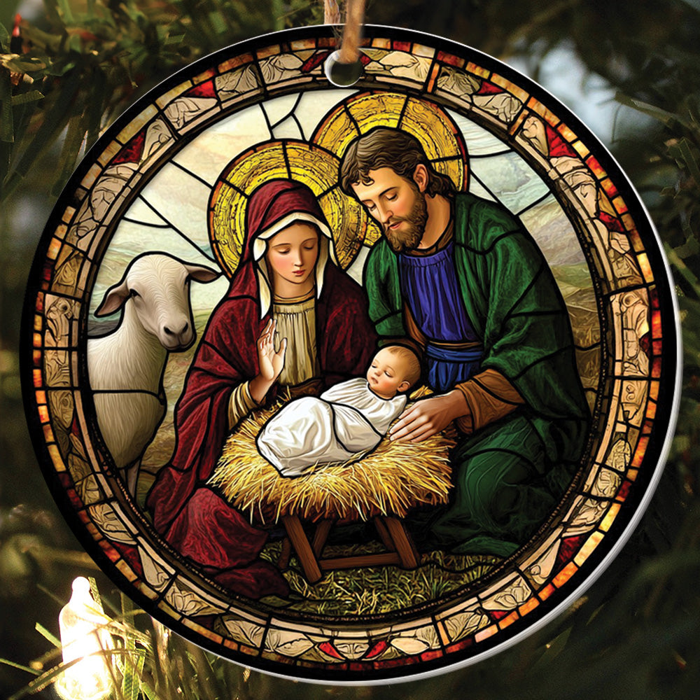 Teesdily | Jesus Christ Mary Christmas Ornament, Holy Family Stained Glass Printed Ornament, Nativity Religious Art Christmas Gift