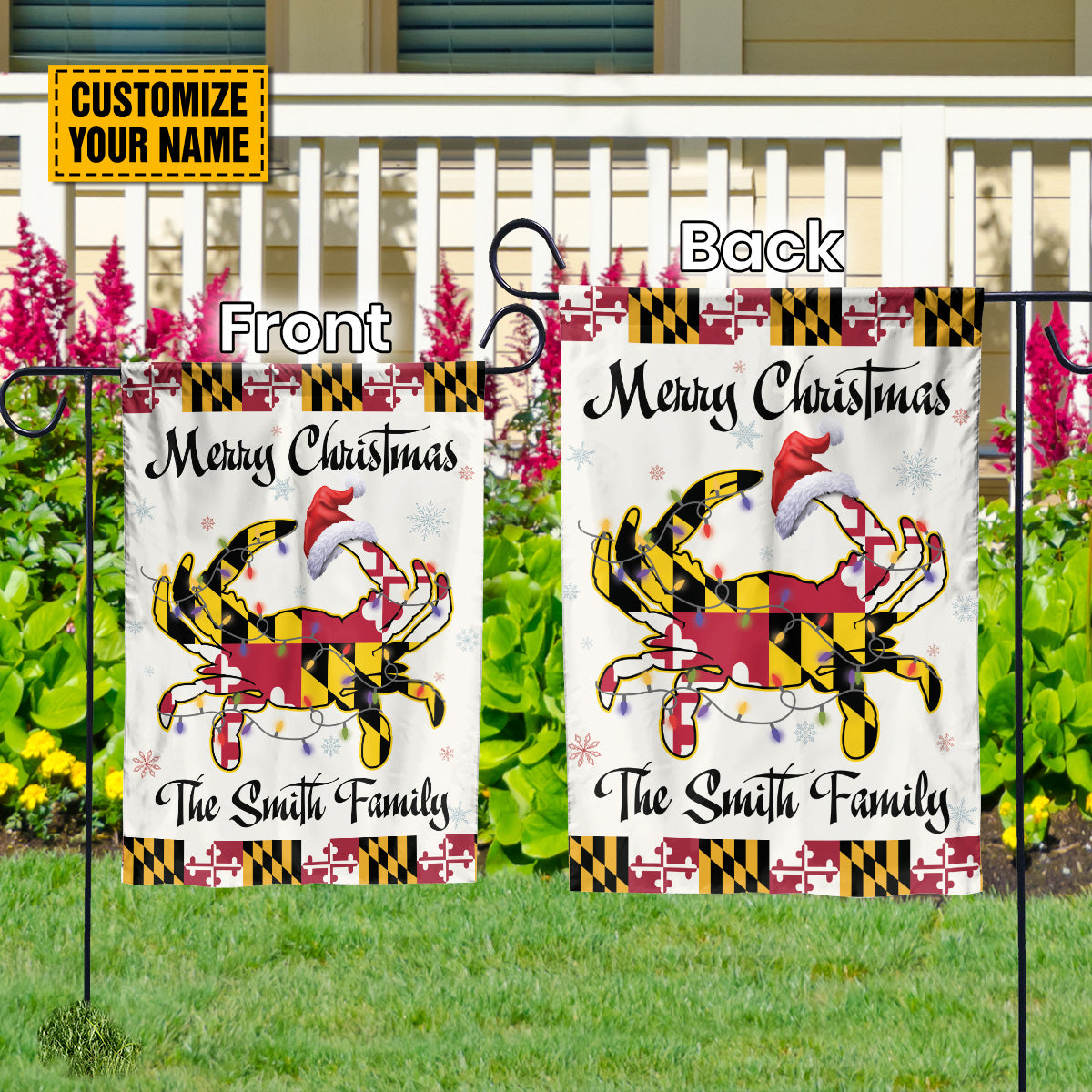 Teesdily | Customized Maryland Crab Christmas Flag Garden, Merry Christmas Maryland House Flag, Crab Santa Yard Flag Banner Decor, Christmas Gift