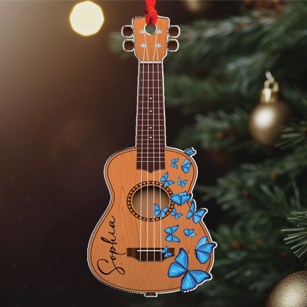 Teesdily | Customized Butterfly Guitar Ornament 2d Flat Acrylic, Artist Guitar Player Ornament Christmas, Gift For Guitar Players