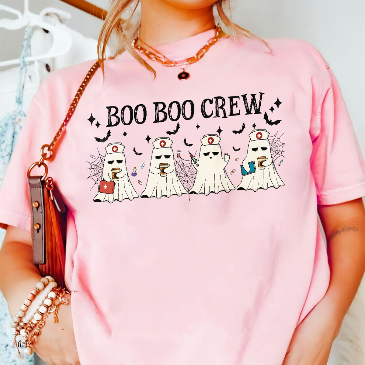 Teesdily | Cute Ghost Nurse Halloween Shirt, Boo Boo Crew Tee Sweatshirt Hoodie Mug, Happy Halloween Gift, Spooky Season Gifts, Nurse Halloween Gift