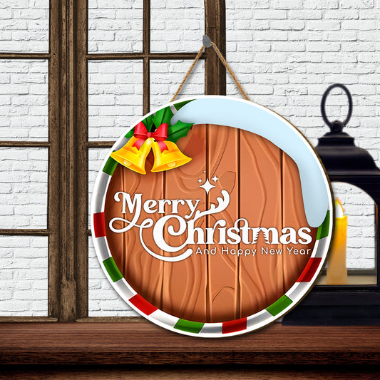 Teesdily | Christmas Front Door Sign, Merry Christmas And Happy New Year Wooden Sign, Merry Christmas Farmhouse Wooden Sign, Front Door Decor