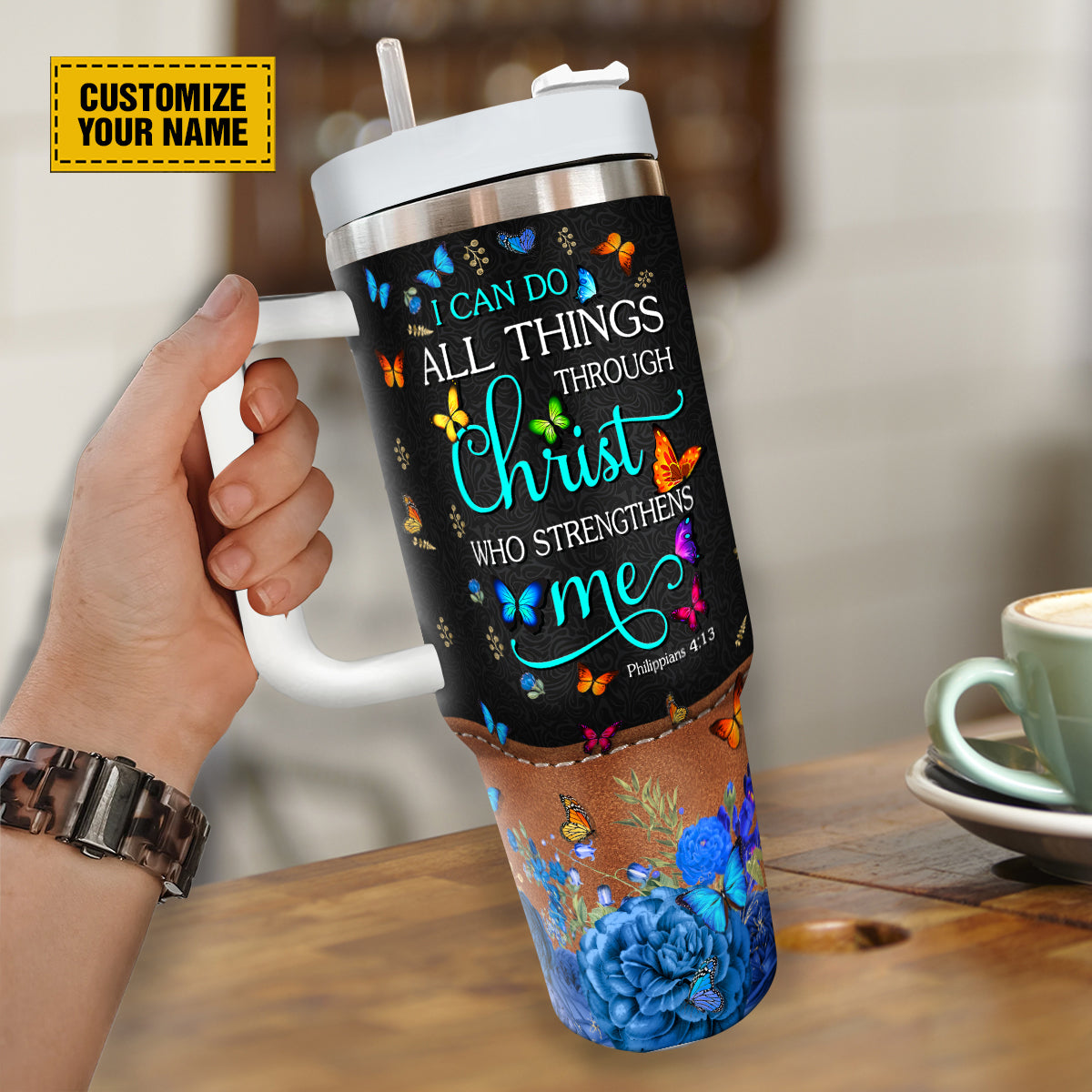 Teesdily | Customized Colorful Butterfly Insulated Cup, I Can Do All Things Through Christ Who Strengthens Me, Spiritual Gifts For Women 40oz Tumbler