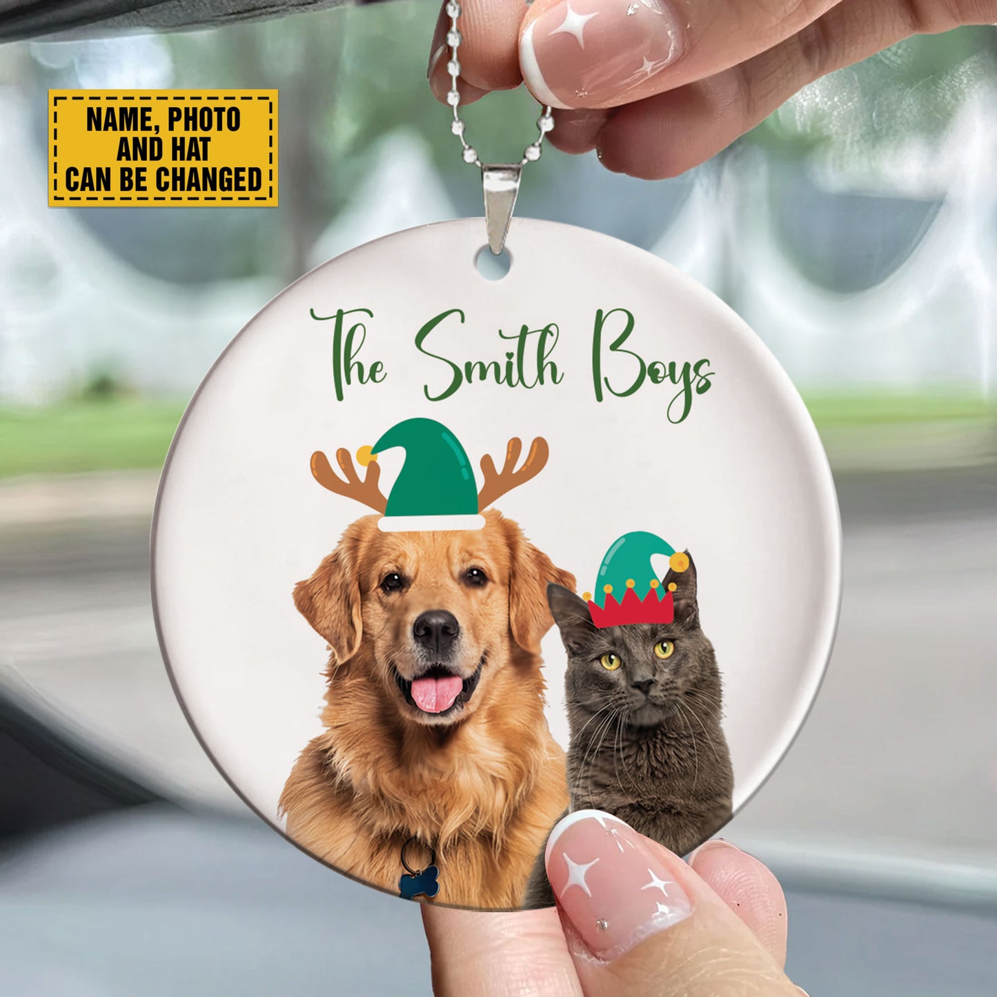 Teesdily | Personalized Pet And Santa's Hat Ornament, Keep Memories Pet Portrait Ornament, Dog Lovers Gift, Cat Christmas Ornament