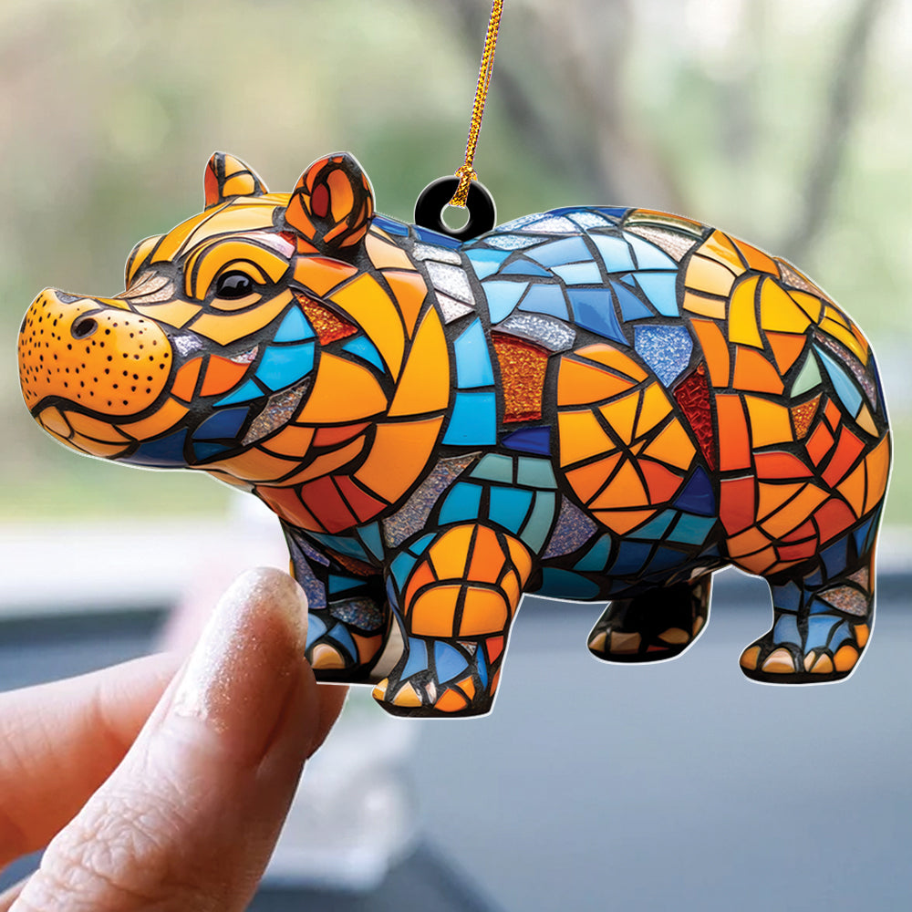 Teesdily | Cute Colorful Mosaic Hippopotamus Christmas Ornament, Stained Glass Design Hippo Xmas Gift Ornament, Hippo Lovers Gift