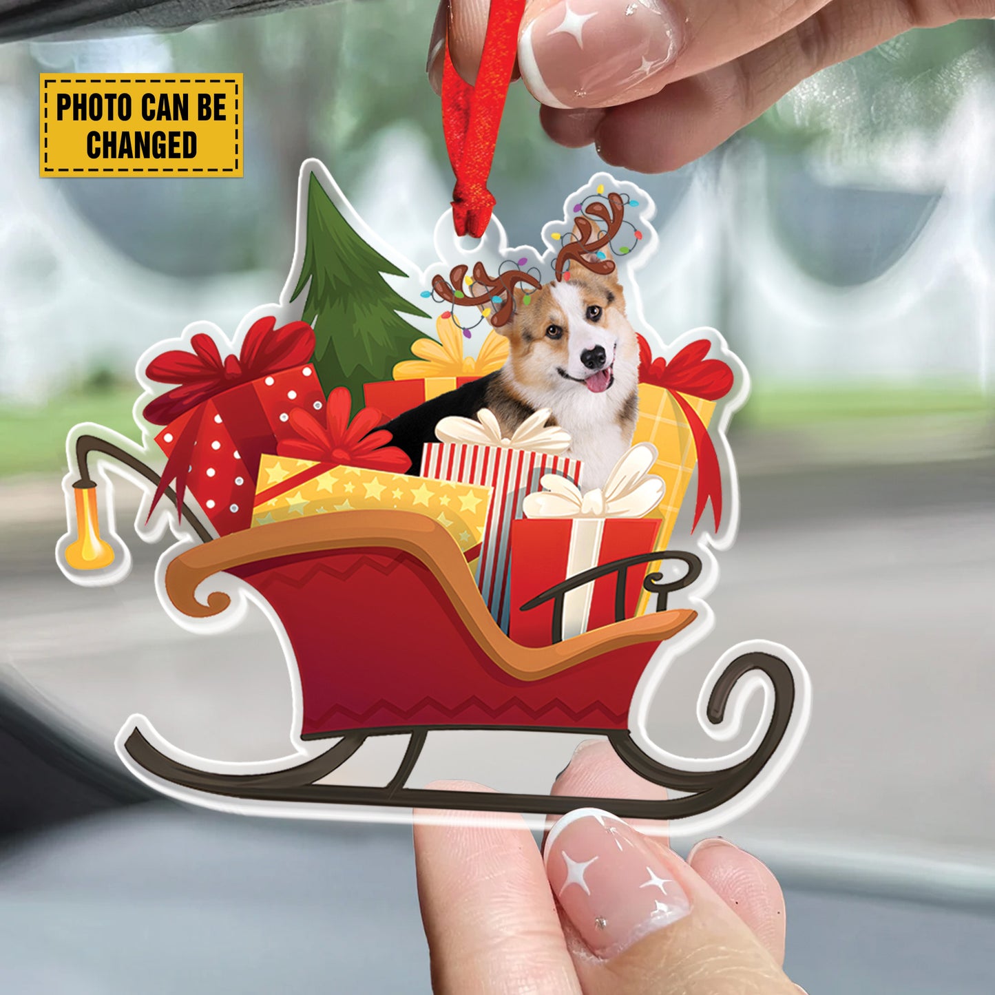 Teesdily | Customized Photo Dog Christmas Ornament, Corgi Santa Sleigh Hanging Ornament, Pet Christmas Gift Boxes, Dog Ornament, Dog Mom 2024 Gift