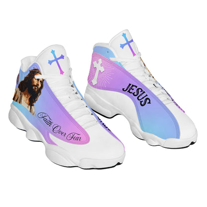 Teesdily | Customized Jesus Saves Faith Over Fear Running Shoes Jesus Christian Sport Shoes Gift For Christian God Believers