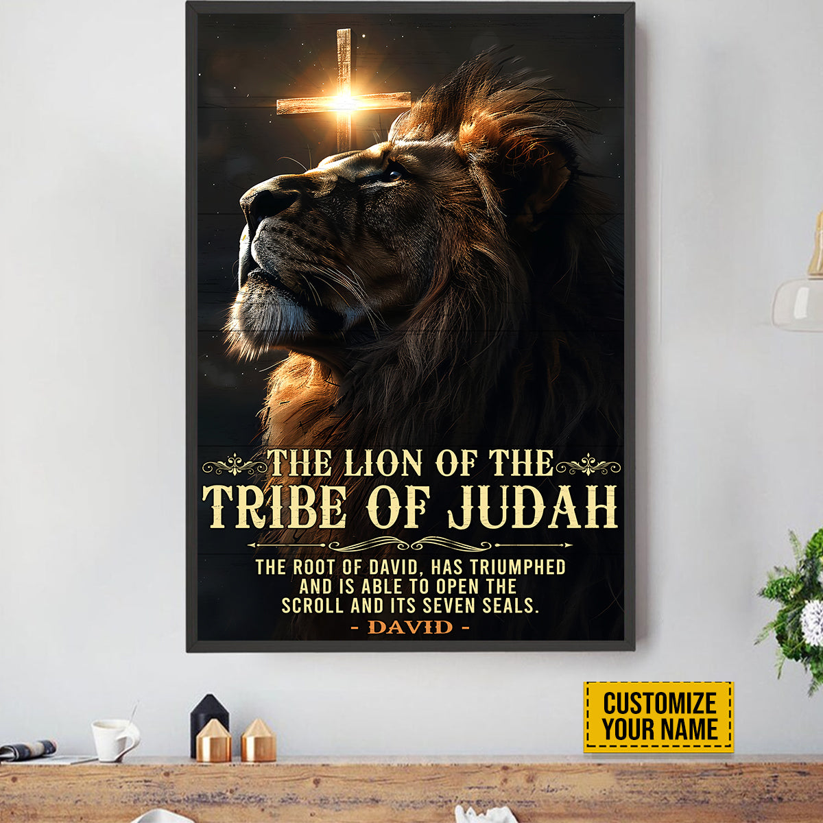 Teesdily | Personalized Jesus Cross Lion Poster, The Lion Of The Tribe Of Judah Poster, Christ Wall Art Bible Quote, Religious Poster Canvas