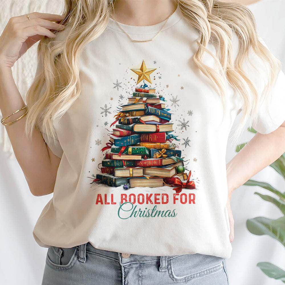 Teesdily | All Booked For Christmas Shirt, Bookworm Christmas Sweatshirt, Bookish Hoodie Mug, Gift For Librarian Book Lover