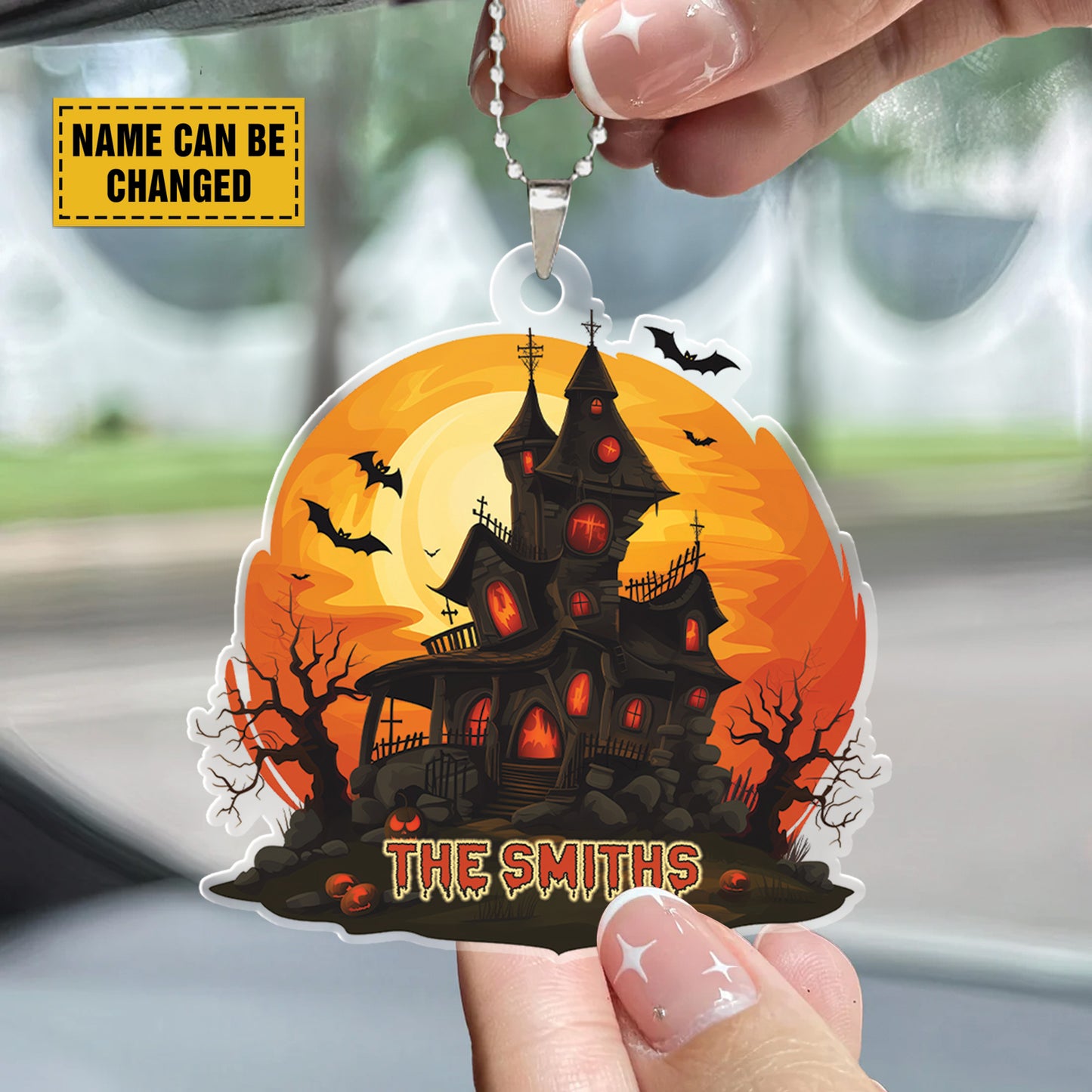 Teesdily | Customized Halloween Haunted House Ornament Car Hanger Rear View Mirror, Pumpkin Bat Spooky Halloween Decor, Holiday Halloween Gifts